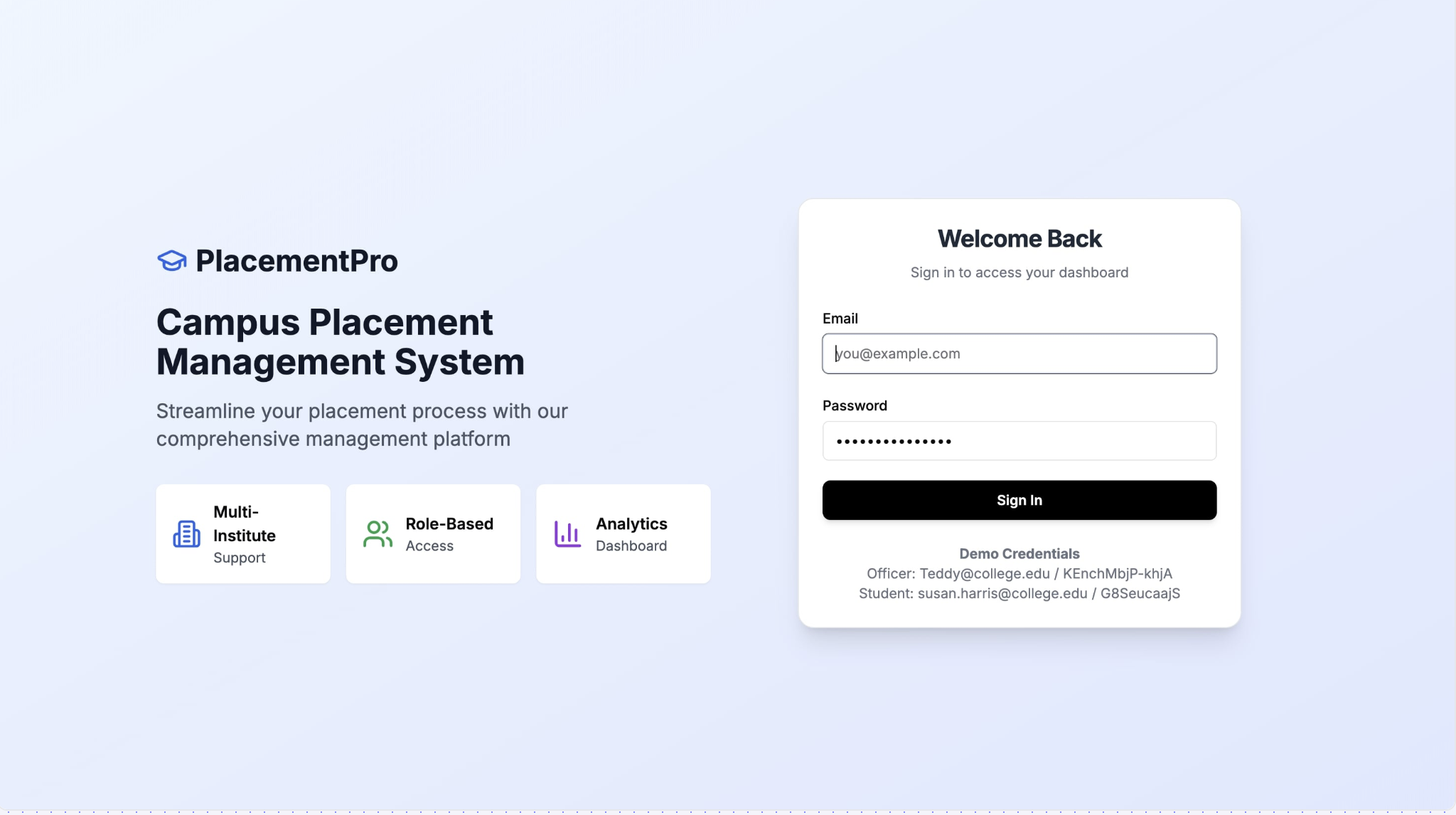 Placement Pro Dashboard interface showing smart campus recruitment features